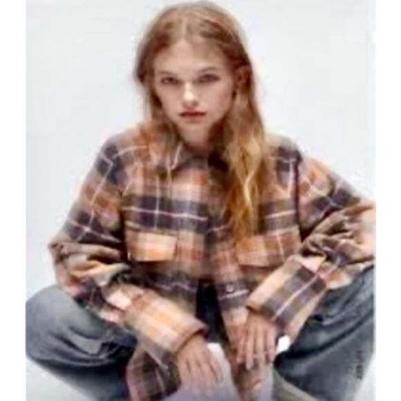 NEW Zara Oversized Plaid Shacket Overshirt Flannel Jacket Tan Pink Gray Size XL - Picture 7 of 16